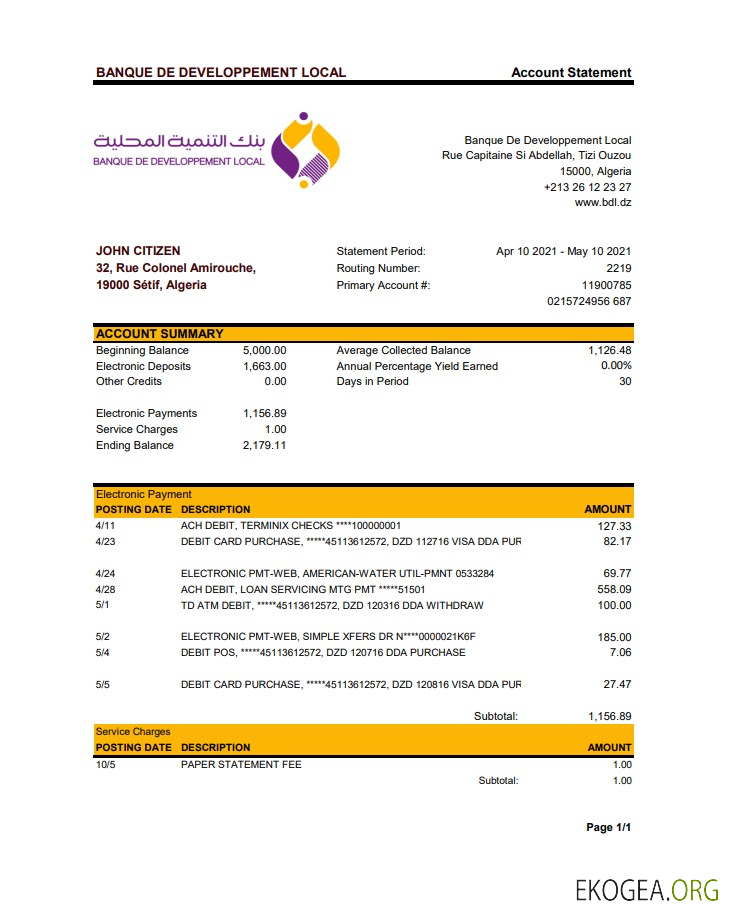 Algérie Banque De Développement Local Bank Statement xls